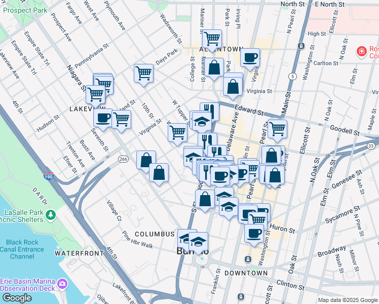 map of restaurants, bars, coffee shops, grocery stores, and more near 75 Johnson Park in Buffalo