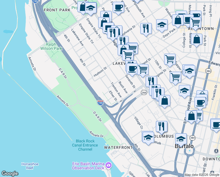 map of restaurants, bars, coffee shops, grocery stores, and more near 215 Efner Street in Buffalo
