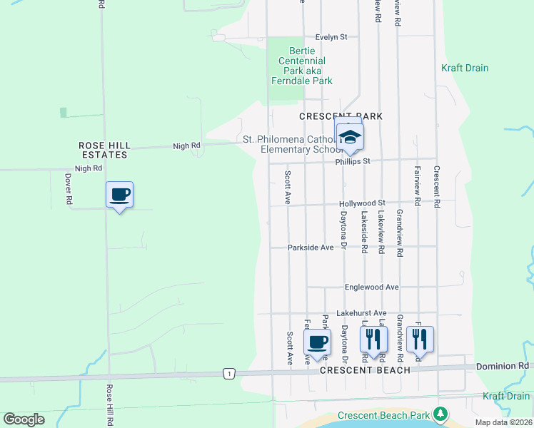 map of restaurants, bars, coffee shops, grocery stores, and more near 599 Buffalo Road in Fort Erie