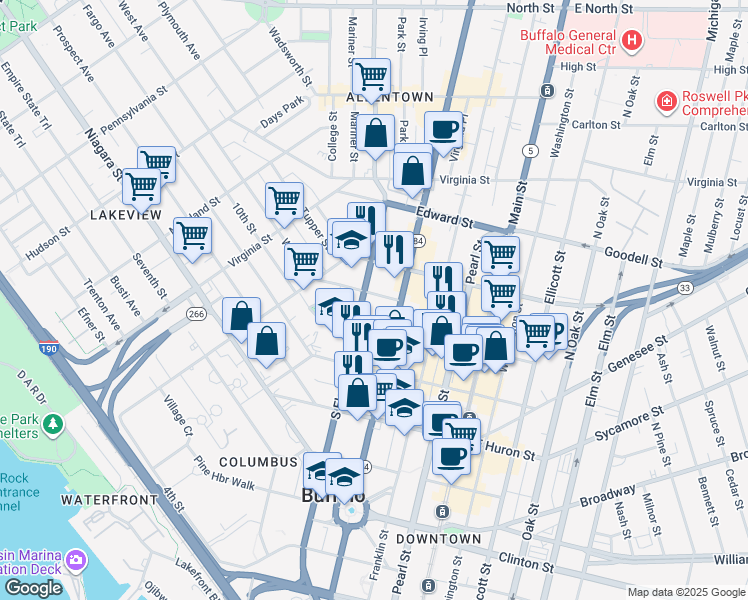 map of restaurants, bars, coffee shops, grocery stores, and more near 31 Johnson Park in Buffalo