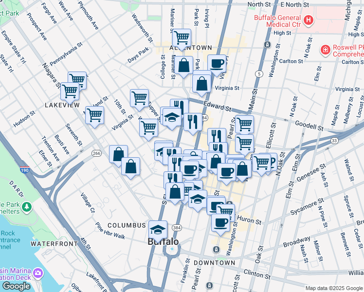 map of restaurants, bars, coffee shops, grocery stores, and more near 30 Tracy Street in Buffalo