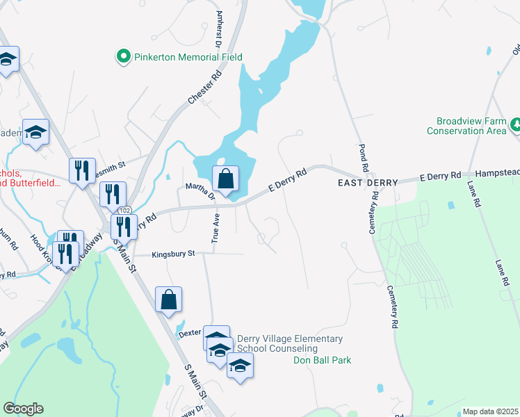 map of restaurants, bars, coffee shops, grocery stores, and more near 5a Pine Isle Drive in Derry