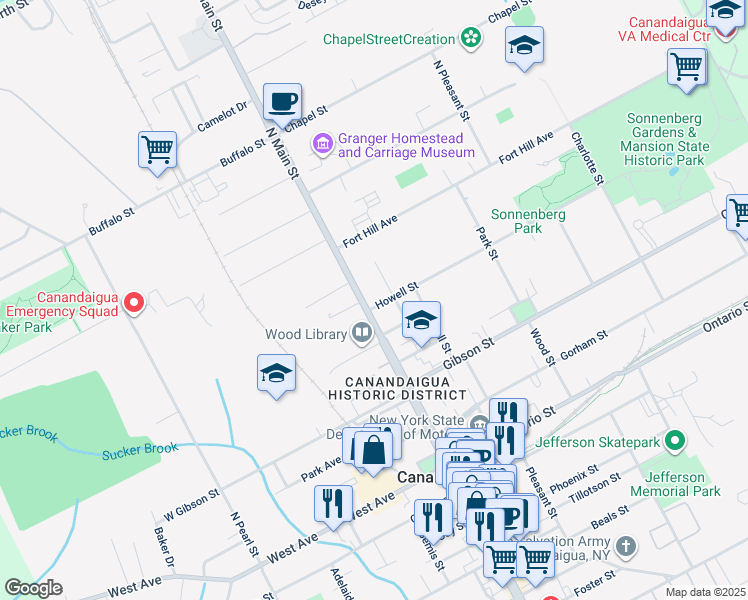 map of restaurants, bars, coffee shops, grocery stores, and more near 143 North Main Street in Canandaigua