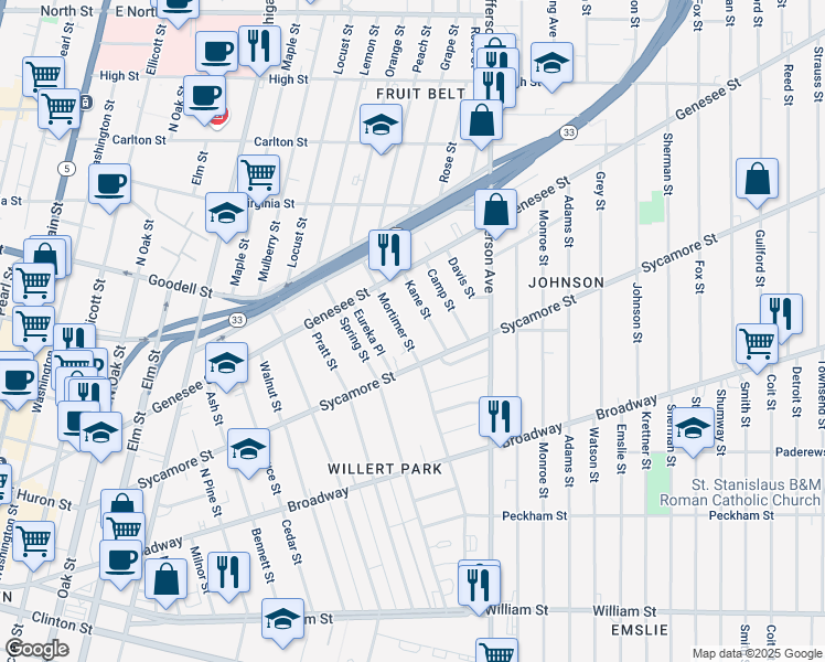 map of restaurants, bars, coffee shops, grocery stores, and more near 382 Sycamore Street in Buffalo