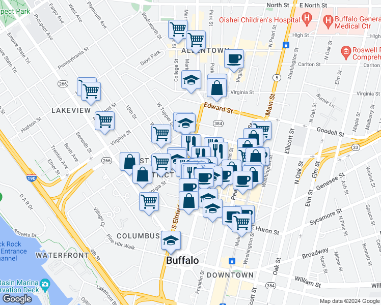 map of restaurants, bars, coffee shops, grocery stores, and more near 31 Johnson Park in Buffalo