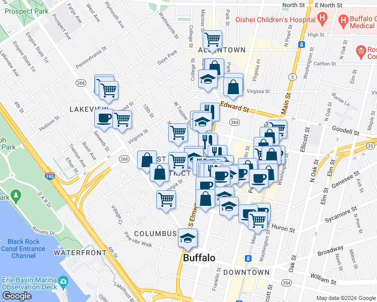 map of restaurants, bars, coffee shops, grocery stores, and more near 250 South Elmwood Avenue in Buffalo