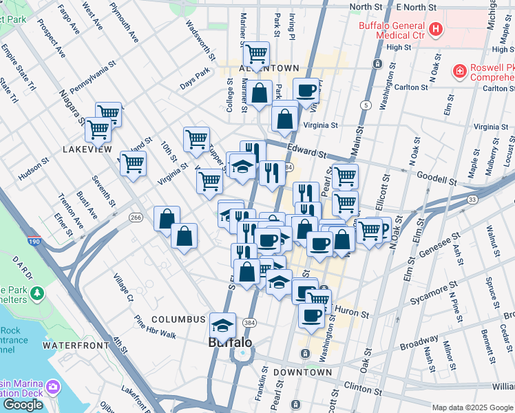 map of restaurants, bars, coffee shops, grocery stores, and more near 30 Tracy Street in Buffalo