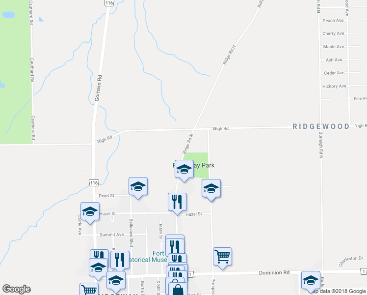map of restaurants, bars, coffee shops, grocery stores, and more near 671 Ridge Road North in Fort Erie