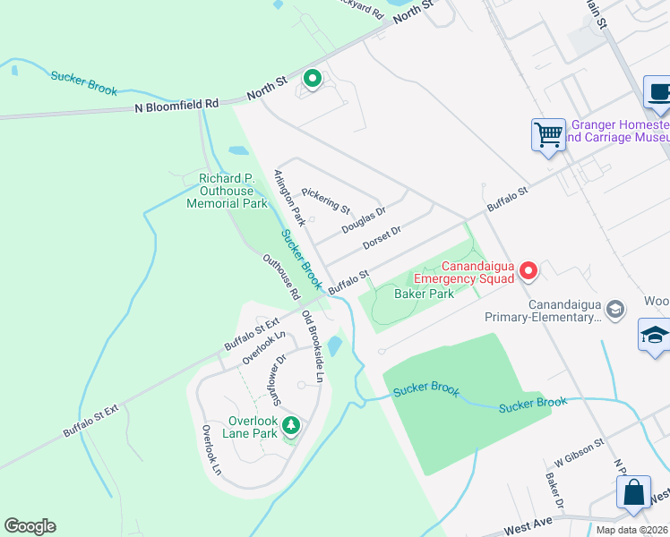 map of restaurants, bars, coffee shops, grocery stores, and more near 1 Arlington Park in Canandaigua