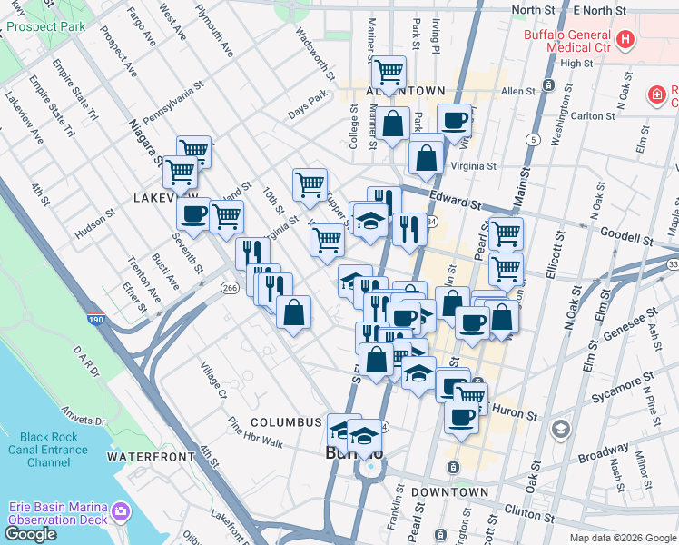 map of restaurants, bars, coffee shops, grocery stores, and more near 250 South Elmwood Avenue in Buffalo