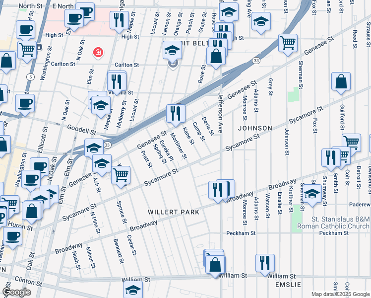 map of restaurants, bars, coffee shops, grocery stores, and more near 382 Sycamore Street in Buffalo