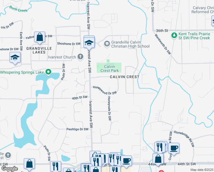 map of restaurants, bars, coffee shops, grocery stores, and more near 3115 Honeywood Drive Southwest in Grandville