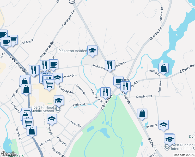 map of restaurants, bars, coffee shops, grocery stores, and more near 12-14 Hood Kroft Drive in Derry
