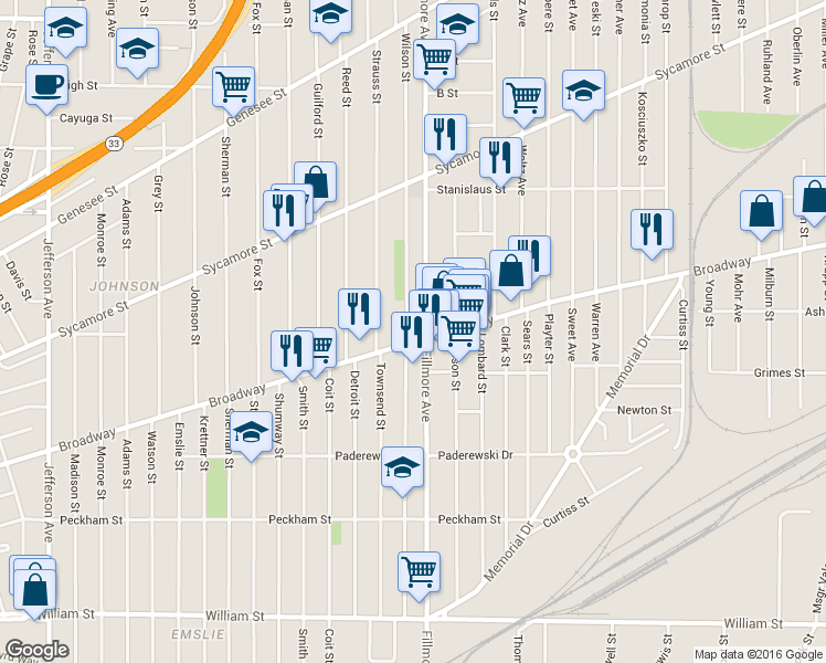 map of restaurants, bars, coffee shops, grocery stores, and more near in Buffalo