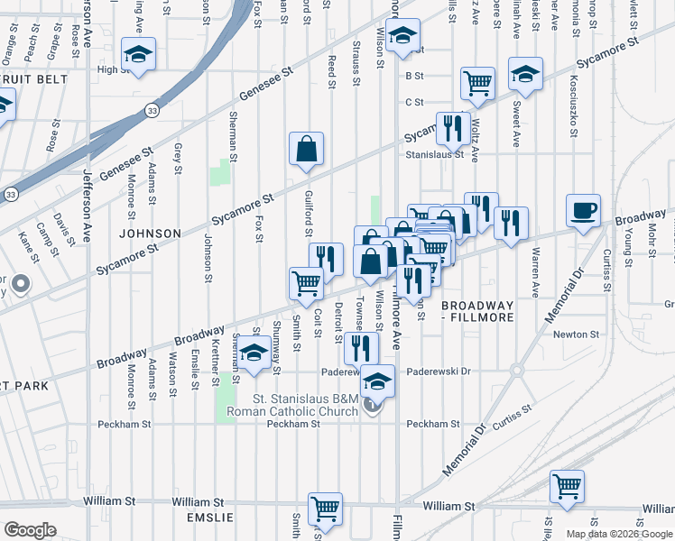 map of restaurants, bars, coffee shops, grocery stores, and more near 880 Broadway in Buffalo