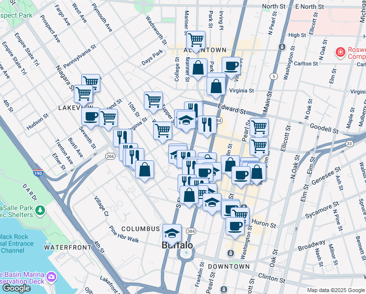 map of restaurants, bars, coffee shops, grocery stores, and more near 250 South Elmwood Avenue in Buffalo