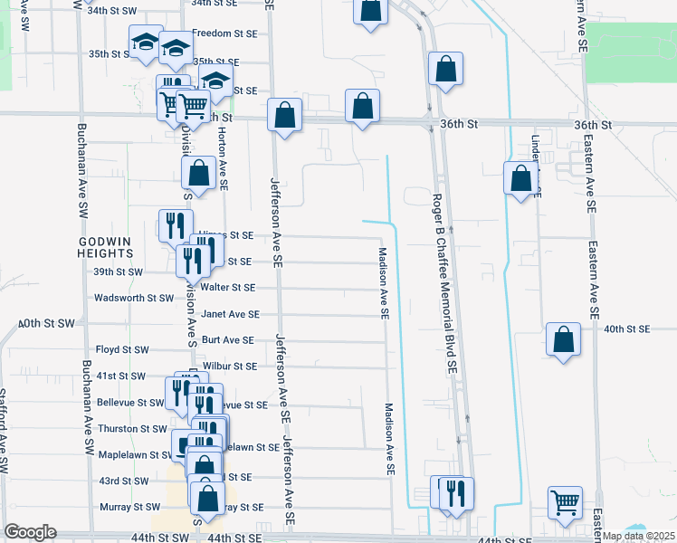 map of restaurants, bars, coffee shops, grocery stores, and more near 334 Walter Street Southeast in Grand Rapids