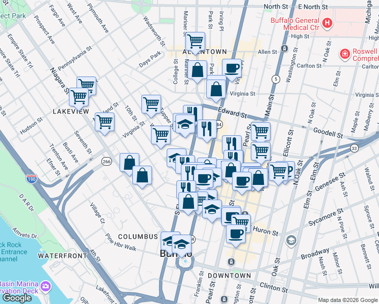 map of restaurants, bars, coffee shops, grocery stores, and more near 31 Johnson Park in Buffalo