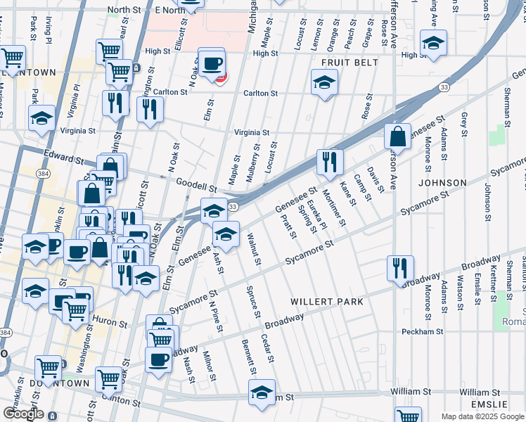 map of restaurants, bars, coffee shops, grocery stores, and more near 335 Genesee Street in Buffalo