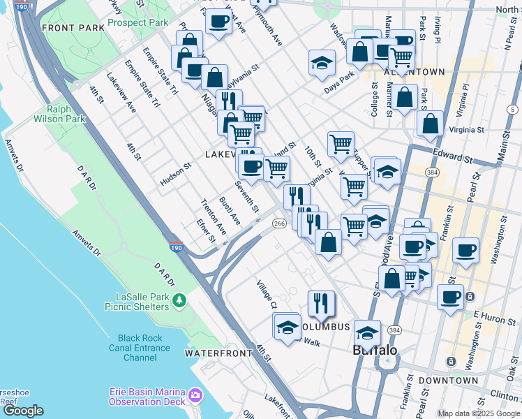 map of restaurants, bars, coffee shops, grocery stores, and more near 235 Busti Avenue in Buffalo