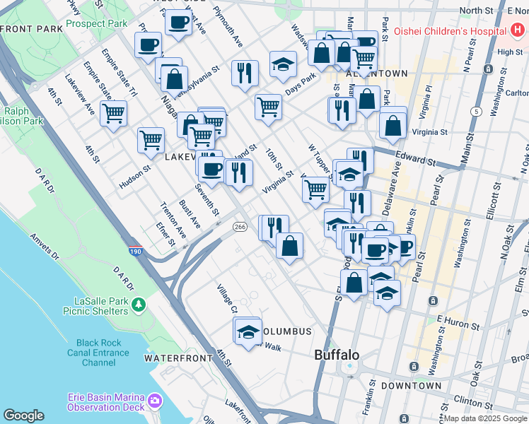 map of restaurants, bars, coffee shops, grocery stores, and more near 160 Prospect Avenue in Buffalo