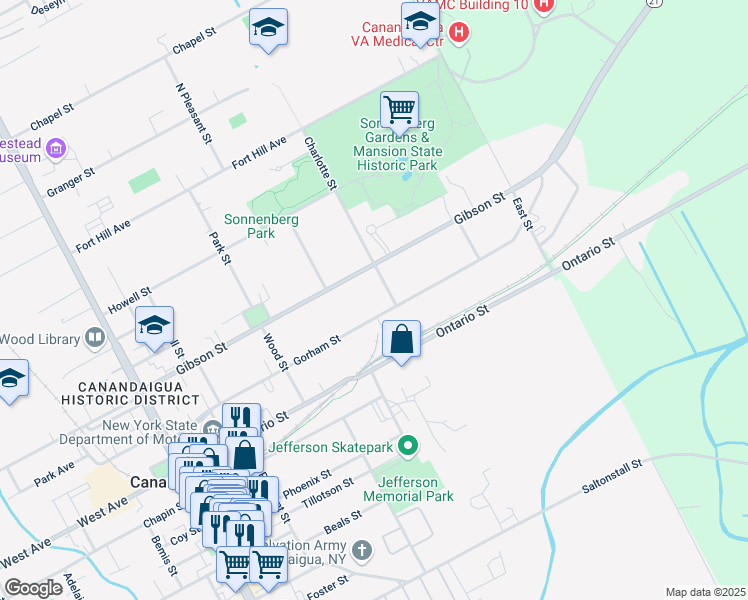 map of restaurants, bars, coffee shops, grocery stores, and more near 61 Charlotte Street in Canandaigua