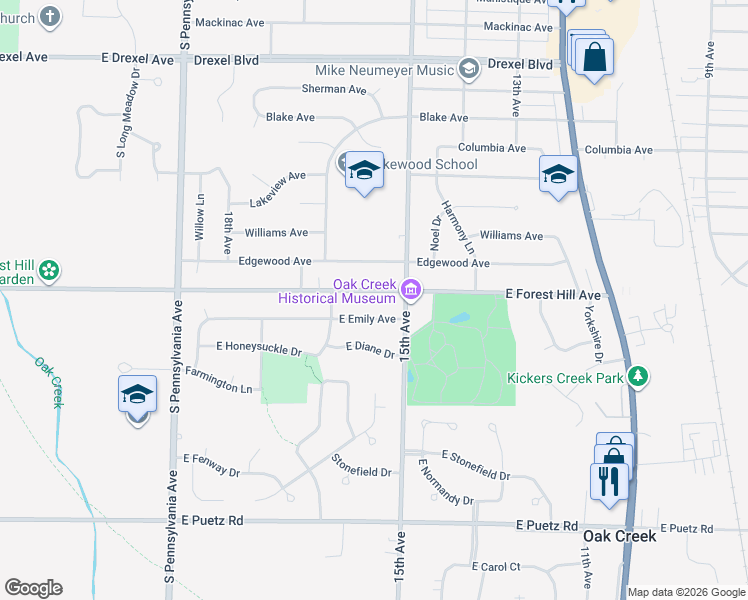 map of restaurants, bars, coffee shops, grocery stores, and more near 1504 East Forest Hill Avenue in South Milwaukee