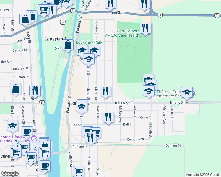 map of restaurants, bars, coffee shops, grocery stores, and more near 56 Wellington Street in Port Colborne
