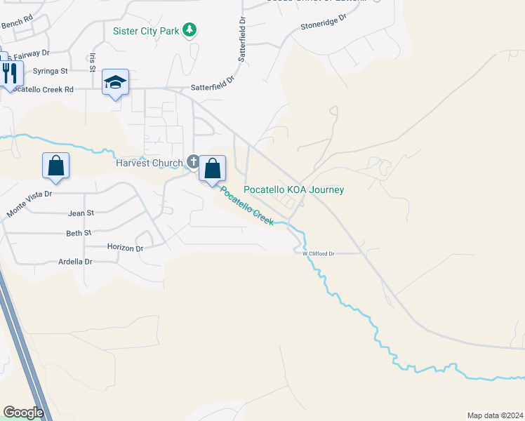 map of restaurants, bars, coffee shops, grocery stores, and more near 9234-9298 North Anderson Lane in Pocatello