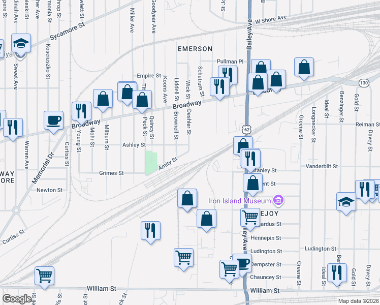map of restaurants, bars, coffee shops, grocery stores, and more near 268 Ashley Street in Buffalo