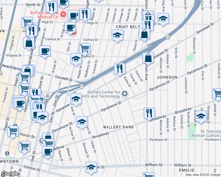 map of restaurants, bars, coffee shops, grocery stores, and more near 434 Genesee Street in Buffalo