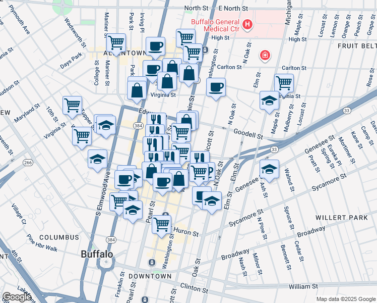 map of restaurants, bars, coffee shops, grocery stores, and more near 737 Main Street in Buffalo