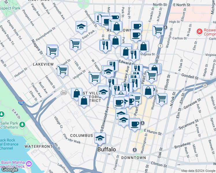 map of restaurants, bars, coffee shops, grocery stores, and more near 313 Carolina Street in Buffalo