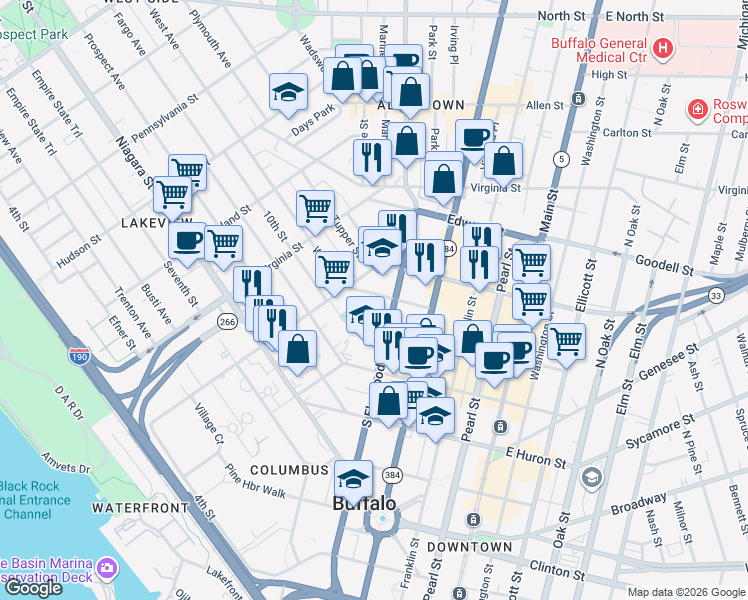map of restaurants, bars, coffee shops, grocery stores, and more near 294 Carolina Street in Buffalo