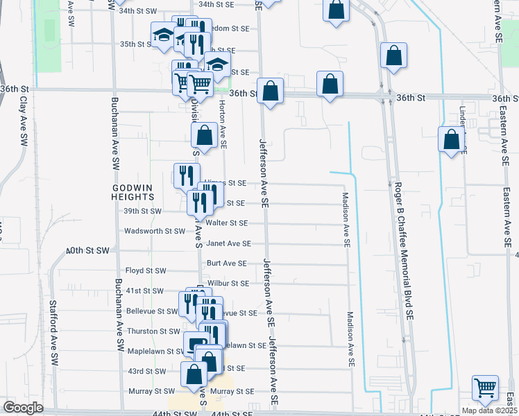 map of restaurants, bars, coffee shops, grocery stores, and more near 156 Abbie Street Southeast in Grand Rapids