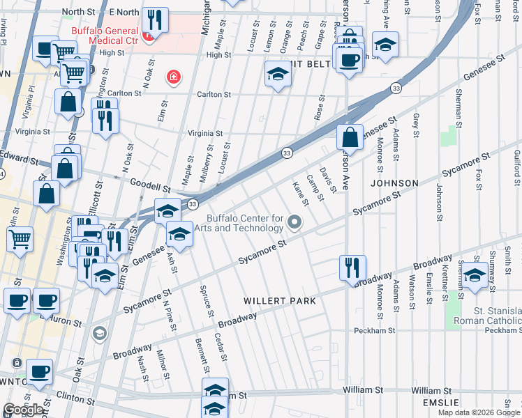 map of restaurants, bars, coffee shops, grocery stores, and more near 434 Genesee Street in Buffalo