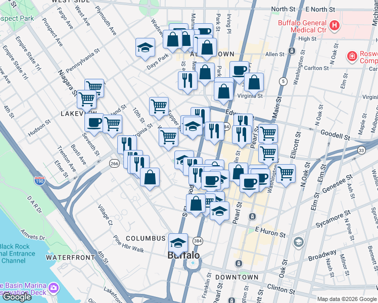 map of restaurants, bars, coffee shops, grocery stores, and more near 294 Carolina Street in Buffalo