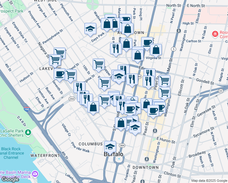 map of restaurants, bars, coffee shops, grocery stores, and more near 70 Tracy Street in Buffalo