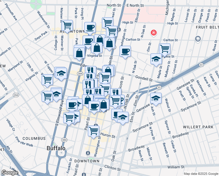 map of restaurants, bars, coffee shops, grocery stores, and more near 737 Main Street in Buffalo