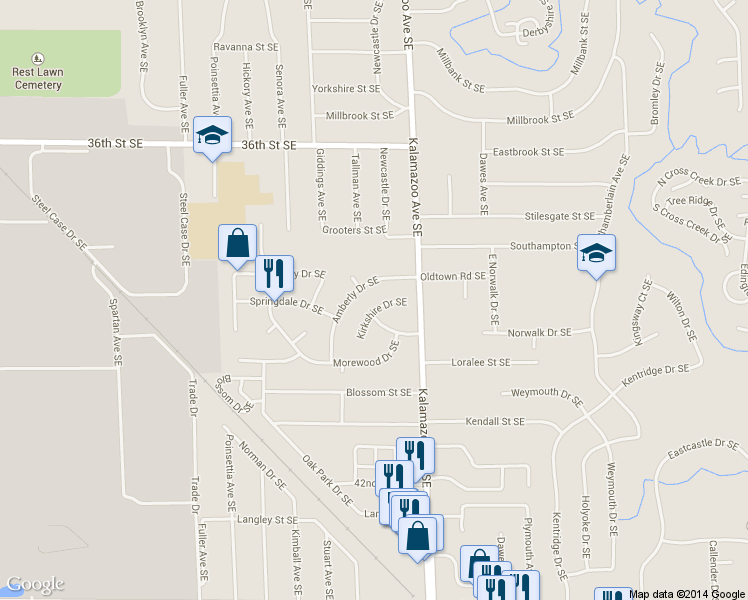 map of restaurants, bars, coffee shops, grocery stores, and more near 3847 Kirkshire Dr SE in Grand Rapids