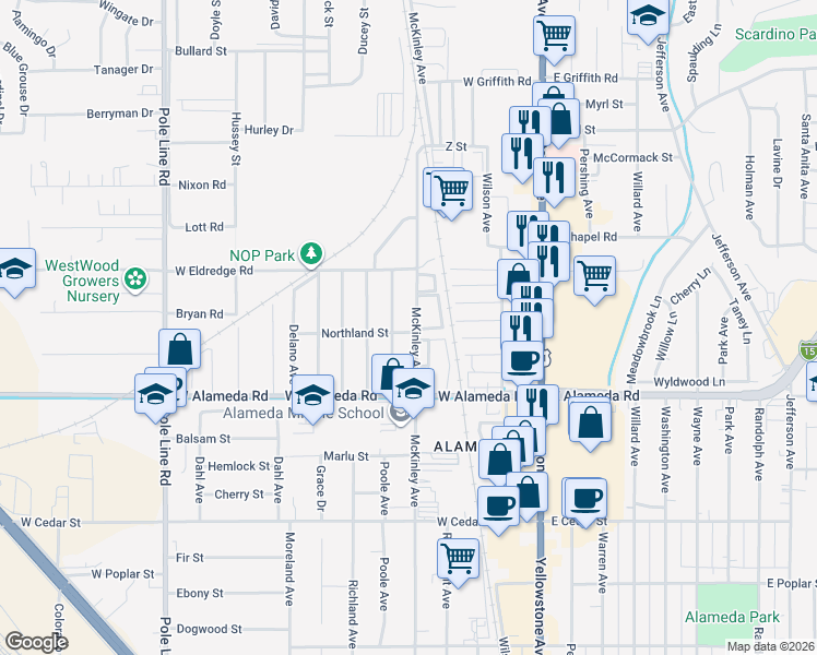 map of restaurants, bars, coffee shops, grocery stores, and more near 1041 McKinley Avenue in Pocatello