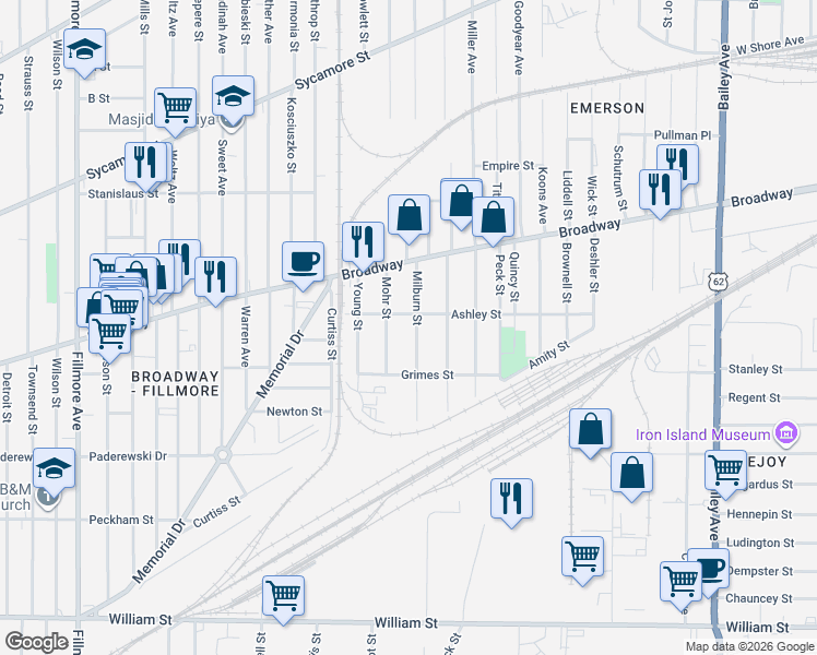 map of restaurants, bars, coffee shops, grocery stores, and more near 100 Milburn Street in Buffalo