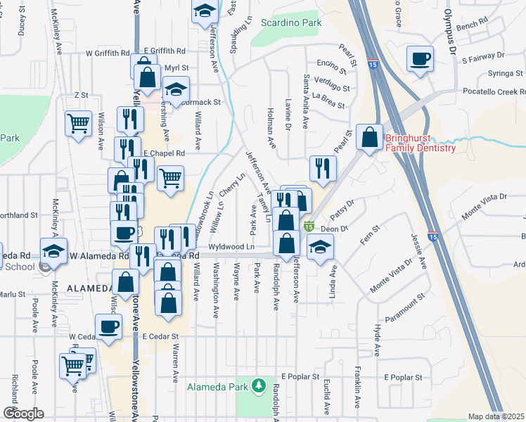 map of restaurants, bars, coffee shops, grocery stores, and more near 951 Taney Lane in Pocatello