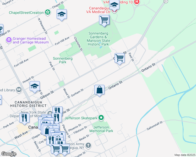 map of restaurants, bars, coffee shops, grocery stores, and more near 61 Charlotte Street in Canandaigua
