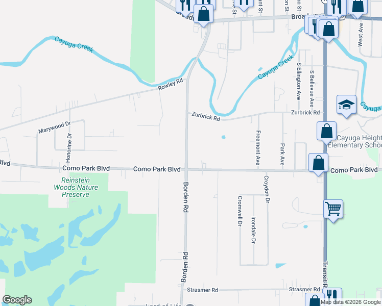 map of restaurants, bars, coffee shops, grocery stores, and more near 1425 Borden Road in Depew