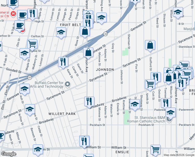 map of restaurants, bars, coffee shops, grocery stores, and more near 504 Monroe Street in Buffalo