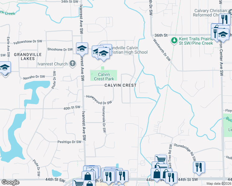map of restaurants, bars, coffee shops, grocery stores, and more near 2990 Pinedale Drive Southwest in Grandville