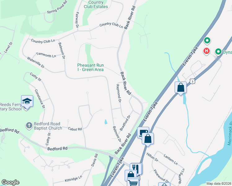 map of restaurants, bars, coffee shops, grocery stores, and more near 25 Raymond Drive in Merrimack