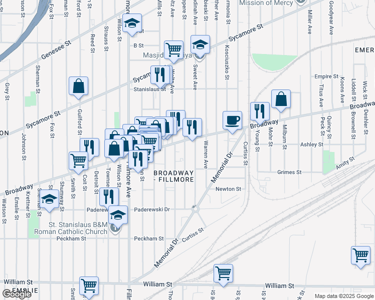 map of restaurants, bars, coffee shops, grocery stores, and more near 229 Playter Street in Buffalo