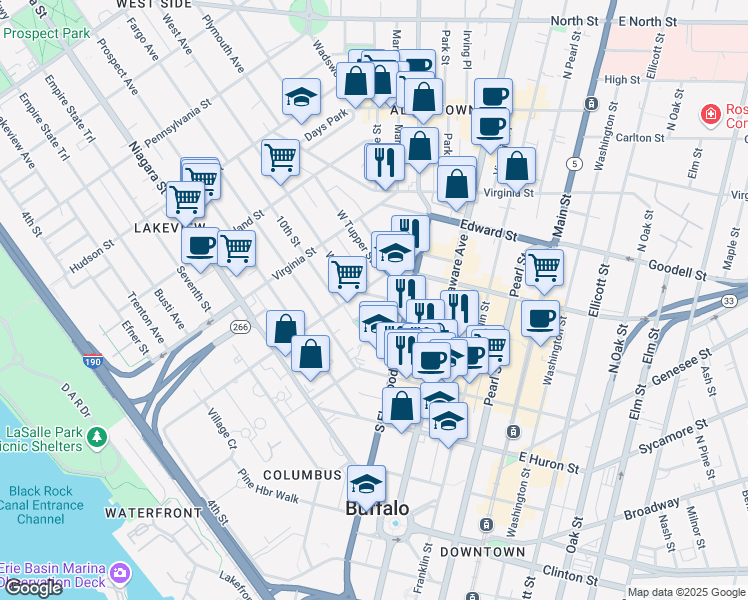 map of restaurants, bars, coffee shops, grocery stores, and more near 76 Tracy Street in Buffalo